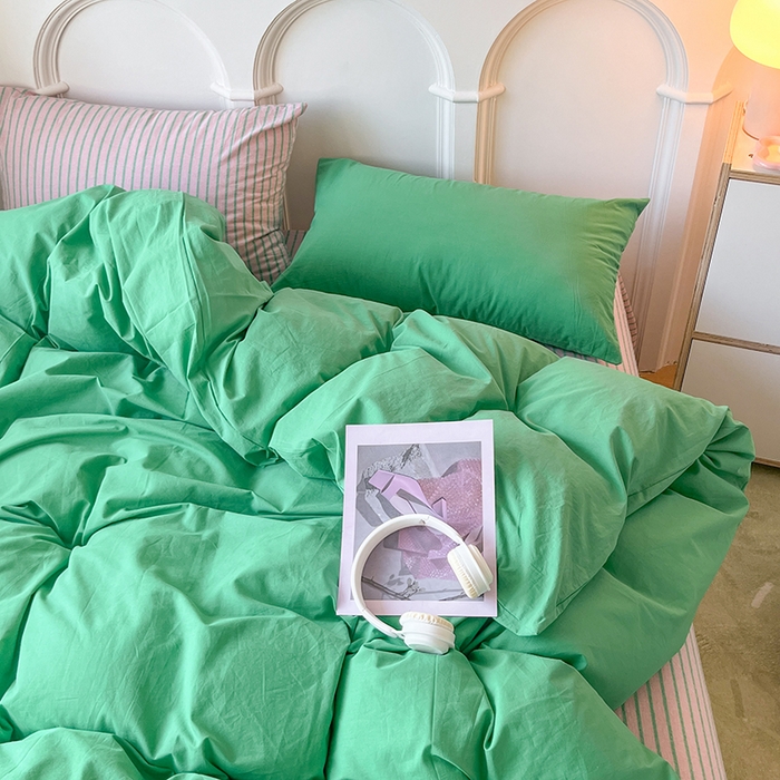 91家纺网 家纺一手货源 找家纺 千朵 2024新款ins风多巴胺撞色条纹全棉水洗棉四件套-可乐系列 可乐粉