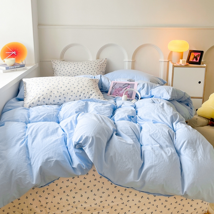 91家纺网 家纺一手货源 找家纺 千朵 2024新款全棉水洗棉混搭双拼四件套 瑾蓝