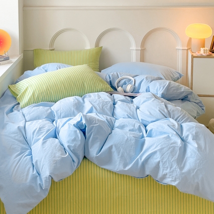 91家纺网 家纺一手货源 找家纺 千朵 2024新款ins风多巴胺撞色条纹全棉水洗棉四件套-可乐系列 可乐青柠