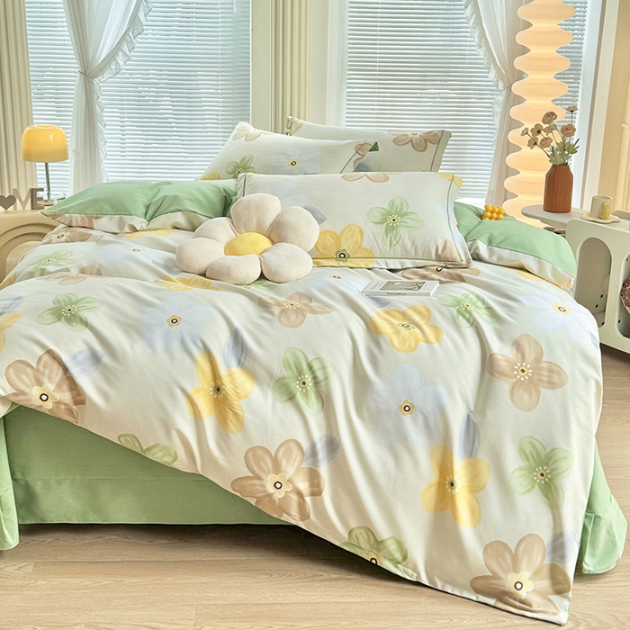 91家纺网 家纺一手货源 找家纺 优尚家纺 2025新款全棉磨毛纯棉喷气印花清新轻奢款四件套 清新款-花语甜心-绿