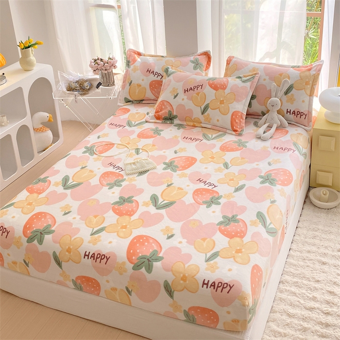 91家纺网 家纺一手货源 找家纺 凯儿家纺  2024新款加厚高克重印花系列单床笠 草莓微笑