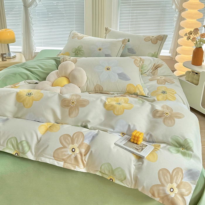 91家纺网 家纺一手货源 找家纺 优尚家纺 2025新款全棉磨毛纯棉喷气印花清新轻奢款四件套 清新款-花语甜心-绿