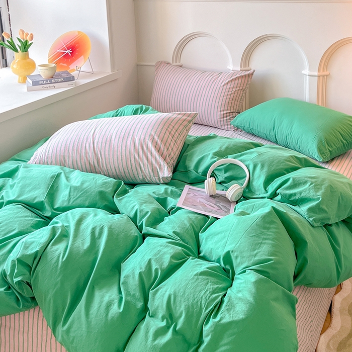 91家纺网 家纺一手货源 找家纺 （总）千朵 2024新款ins风多巴胺撞色条纹全棉水洗棉四件套-可乐系列