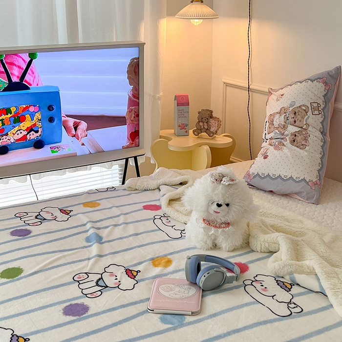 91家纺网 家纺一手货源 找家纺 昔可家纺 2024新款羊羔绒牛奶绒毛毯系列（三）-卡通系列 蓝波纹奶狗