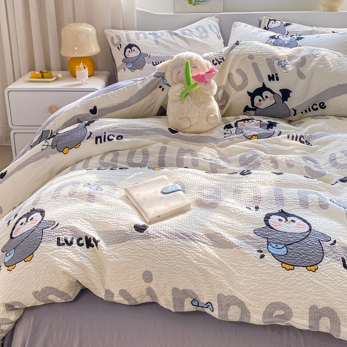 91家纺网 家纺一手货源 找家纺 悦织湾家纺 2025新款轻奢北欧风小清新印花水洗棉四件套 企鹅