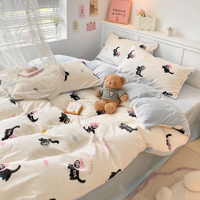 91家纺网 家纺一手货源 找家纺 2024新款200g加厚防静电牛奶绒小清新四件套 绒-快乐喵