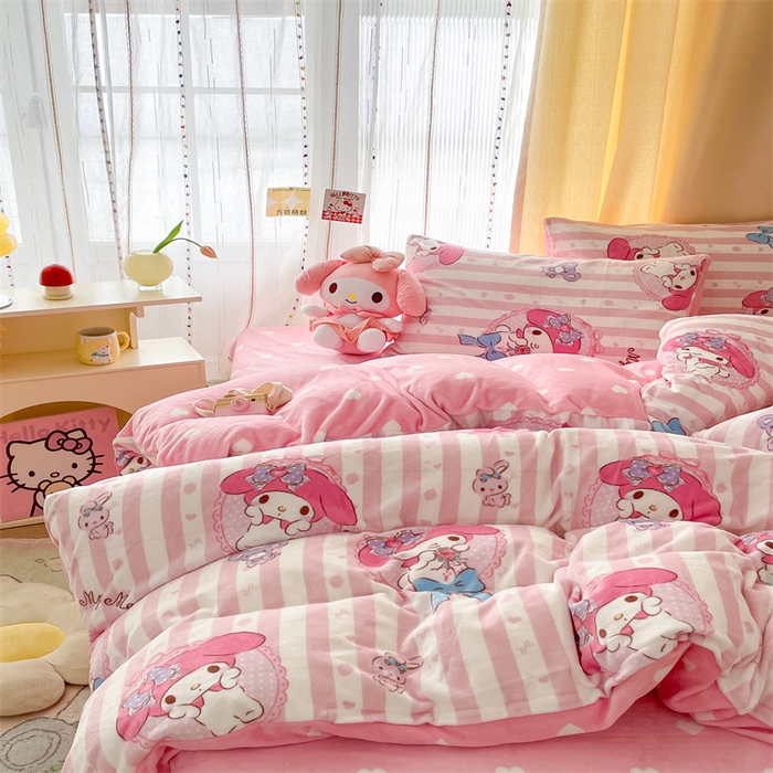 91家纺网 家纺一手货源 找家纺 2024新款三丽鸥牛奶绒小版四件套 甜甜美乐蒂专版