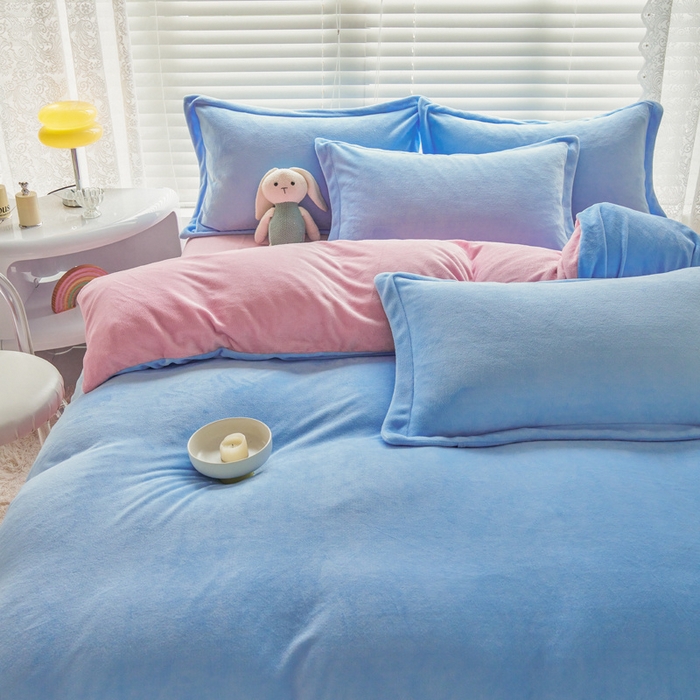 91家纺网 家纺一手货源 找家纺 慕晨 2024新款加厚牛奶绒纯色单被套珊瑚绒被套单件双面绒四件套 奶油蓝+奶油粉