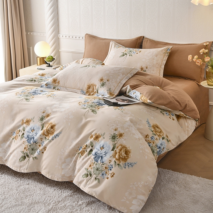 91家纺网 家纺一手货源 找家纺 优尚家纺 2025新款全棉磨毛纯棉喷气印花清新轻奢款四件套 轻奢款-雅韵金蕊