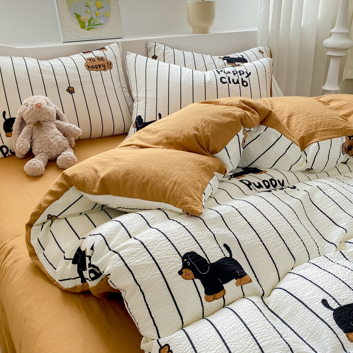 91家纺网 家纺一手货源 找家纺 悦织湾家纺 2025新款轻奢北欧风小清新印花水洗棉四件套 腊肠狗