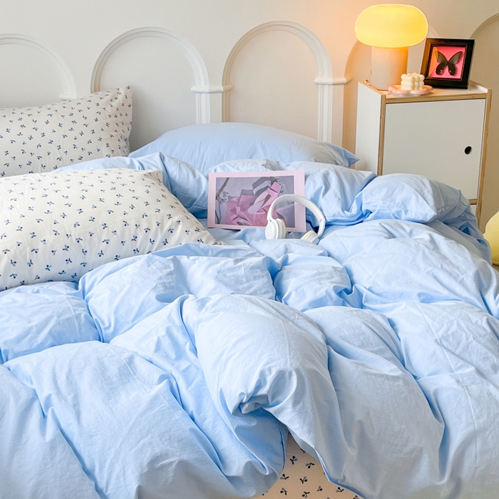 91家纺网 家纺一手货源 找家纺 千朵 2024新款全棉水洗棉混搭双拼四件套 瑾蓝