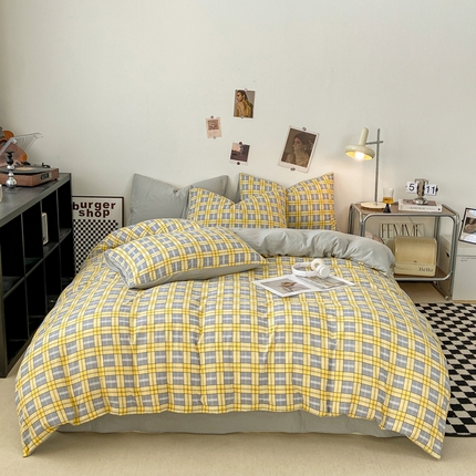 91家纺网 家纺一手货源 找家纺 悦织湾家纺 2025新款日式简约格子水洗棉四件套 哈曼灰