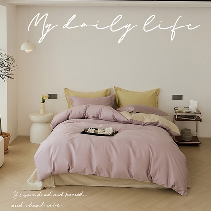 91家纺网 家纺一手货源 找家纺 EH家居 2024新款长绒棉拼色四件套系列--英文版 玫瑰豆沙