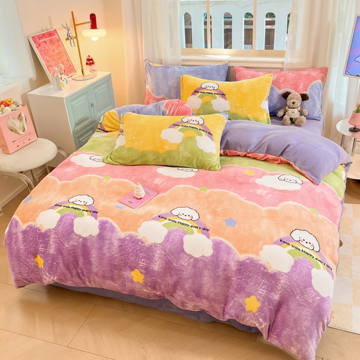 91家纺网 家纺一手货源 找家纺 卡派 2024新款冬季亲肤透气牛奶绒印花四件套 彩虹萌狗