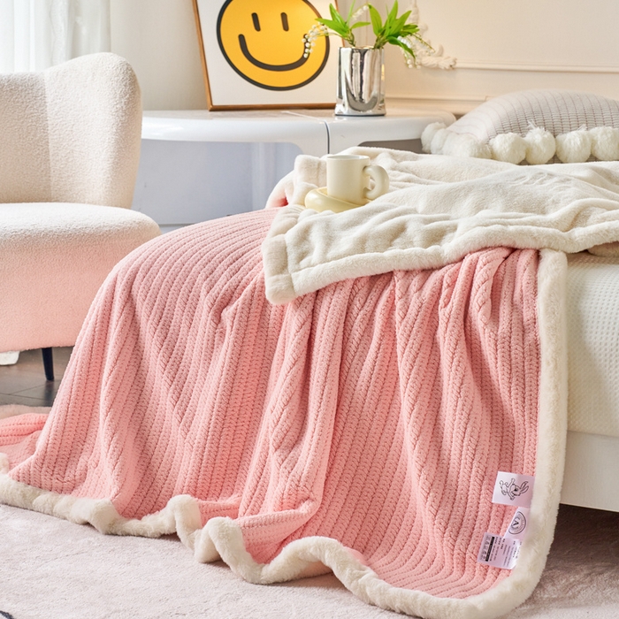 91家纺网 家纺一手货源 找家纺 畅畅家纺 2024新款A面编织绒B面兔毛绒纯色毛毯 豆沙粉