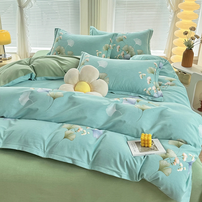 91家纺网 家纺一手货源 找家纺 优尚家纺 2025新款全棉磨毛纯棉喷气印花清新轻奢款四件套 清新款-碧影秋韵