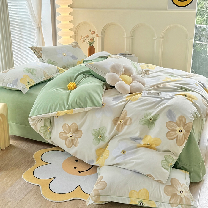 91家纺网 家纺一手货源 找家纺 优尚家纺 2025新款全棉磨毛纯棉喷气印花清新轻奢款四件套 清新款-花语甜心-绿