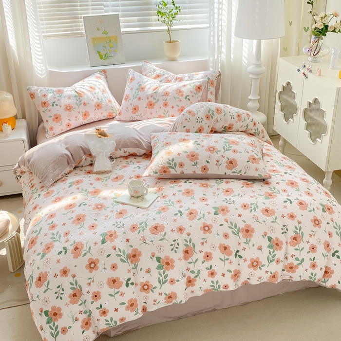 91家纺网 家纺一手货源 找家纺 悦织湾家纺 2025新款轻奢北欧风小清新印花水洗棉四件套 咖啡格调