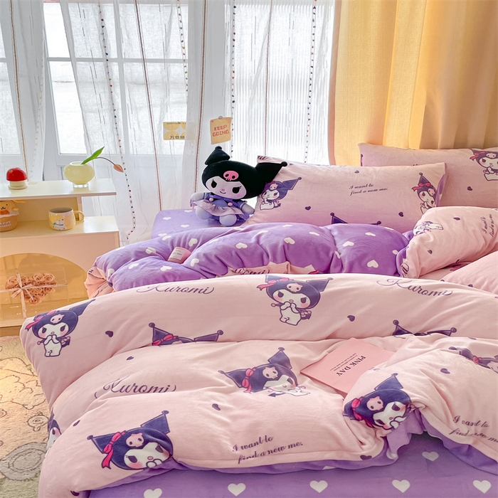 91家纺网 家纺一手货源 找家纺 2024新款三丽鸥牛奶绒小版四件套 库洛米之心-专版