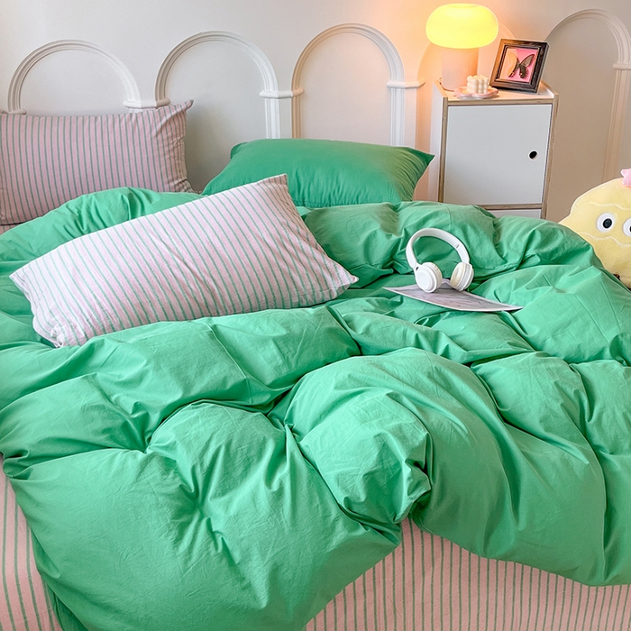 91家纺网 家纺一手货源 找家纺 千朵 2024新款ins风多巴胺撞色条纹全棉水洗棉四件套-可乐系列 可乐粉