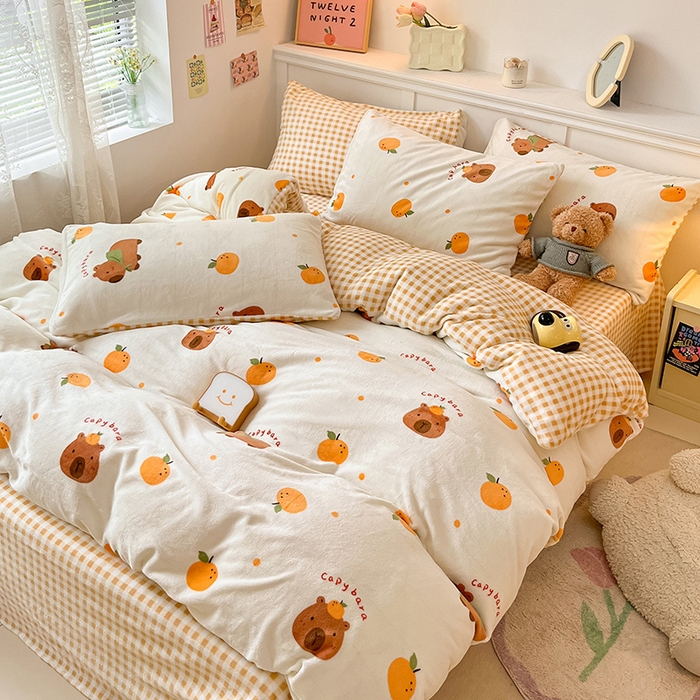 91家纺网 家纺一手货源 找家纺 2024新款200g加厚防静电牛奶绒小清新四件套 绒-吉利小豚鼠