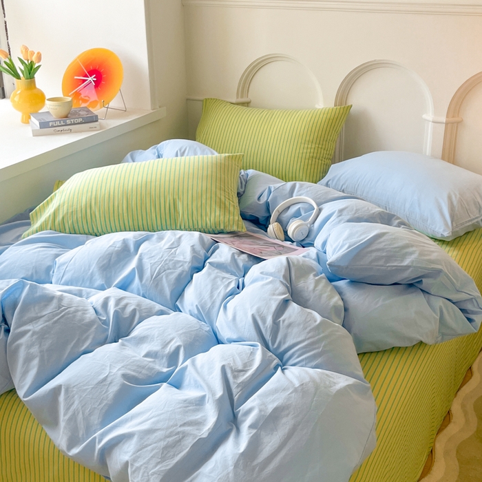 91家纺网 家纺一手货源 找家纺 千朵 2024新款ins风多巴胺撞色条纹全棉水洗棉四件套-可乐系列 可乐青柠