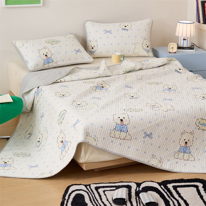 91家纺网 家纺一手货源 找家纺 美优兰 2025春款全棉单面高温砂洗床盖 小奶狗