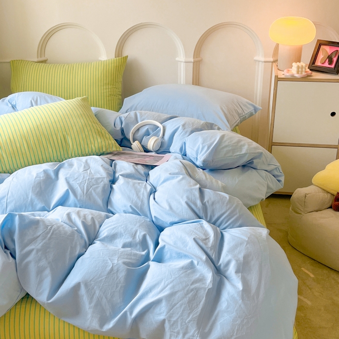 91家纺网 家纺一手货源 找家纺 千朵 2024新款ins风多巴胺撞色条纹全棉水洗棉四件套-可乐系列 可乐青柠