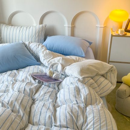 千朵 2024新款撞色条纹色织提花水洗棉被套四件套 天小蓝