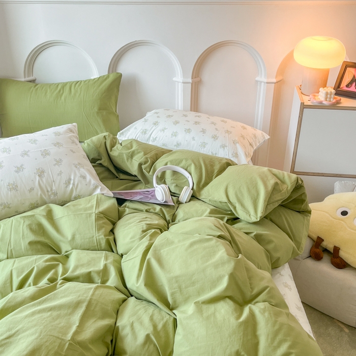 91家纺网 家纺一手货源 找家纺 千朵 2024新款全棉水洗棉混搭双拼四件套 茶艺绿