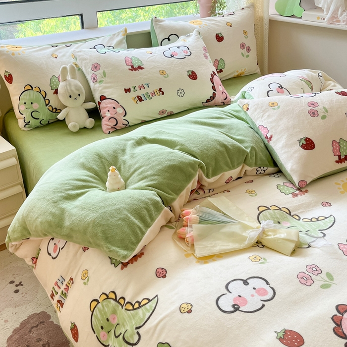 91家纺网 家纺一手货源 找家纺 卡派 2024新款冬季亲肤透气牛奶绒印花四件套 可爱恐龙