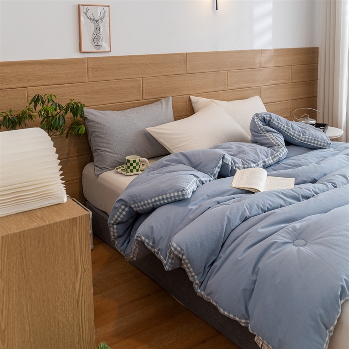 91家纺网 家纺一手货源 找家纺 2024新款无印风棋盘格立体边大豆纤维冬被 风格二 棋盘格-浅蓝