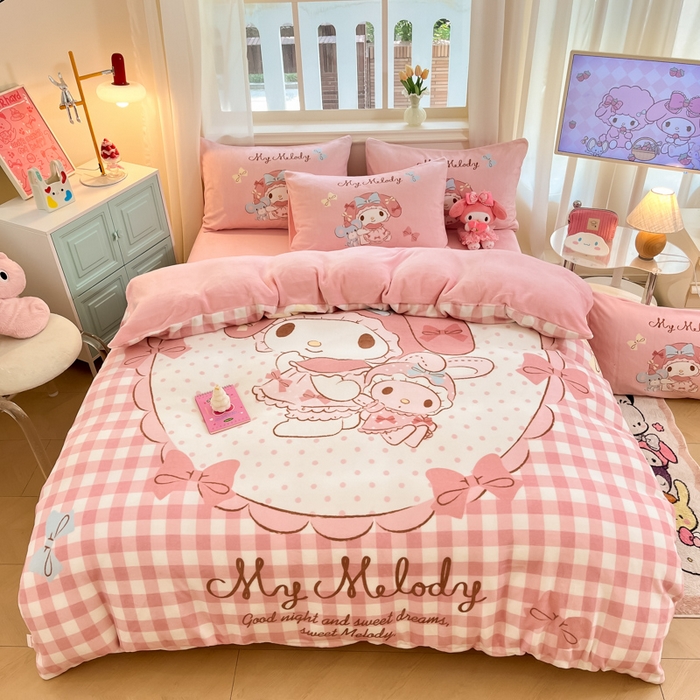 91家纺网 家纺一手货源 找家纺 2024新品正版三丽鸥授权大版卡通平网数码印花加厚高克重牛奶绒系列四件套 绒大版-R美好美乐蒂