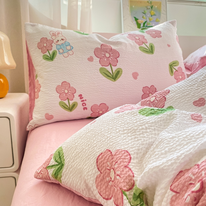 91家纺网 家纺一手货源 找家纺 悦织湾家纺 2025新款轻奢北欧风小清新印花水洗棉四件套 花小兔