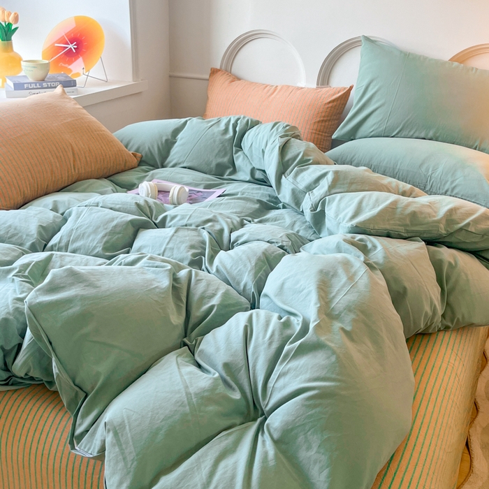 91家纺网 家纺一手货源 找家纺 千朵 2024新款ins风多巴胺撞色条纹全棉水洗棉四件套-可乐系列 可乐桔