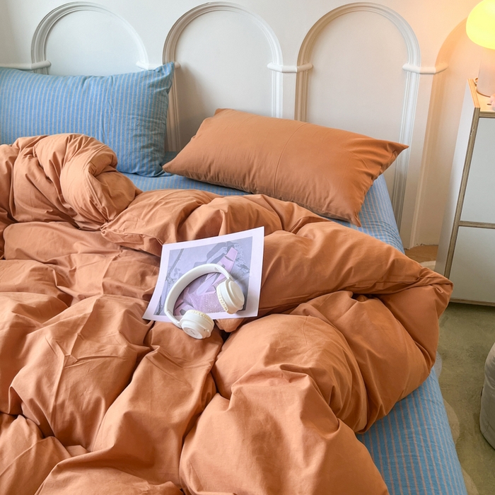 91家纺网 家纺一手货源 找家纺 千朵 2024新款ins风多巴胺撞色条纹全棉水洗棉四件套-可乐系列 可乐蓝