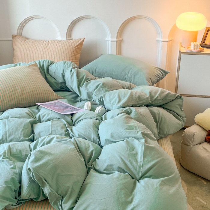 91家纺网 家纺一手货源 找家纺 千朵 2024新款ins风多巴胺撞色条纹全棉水洗棉四件套-可乐系列 可乐桔