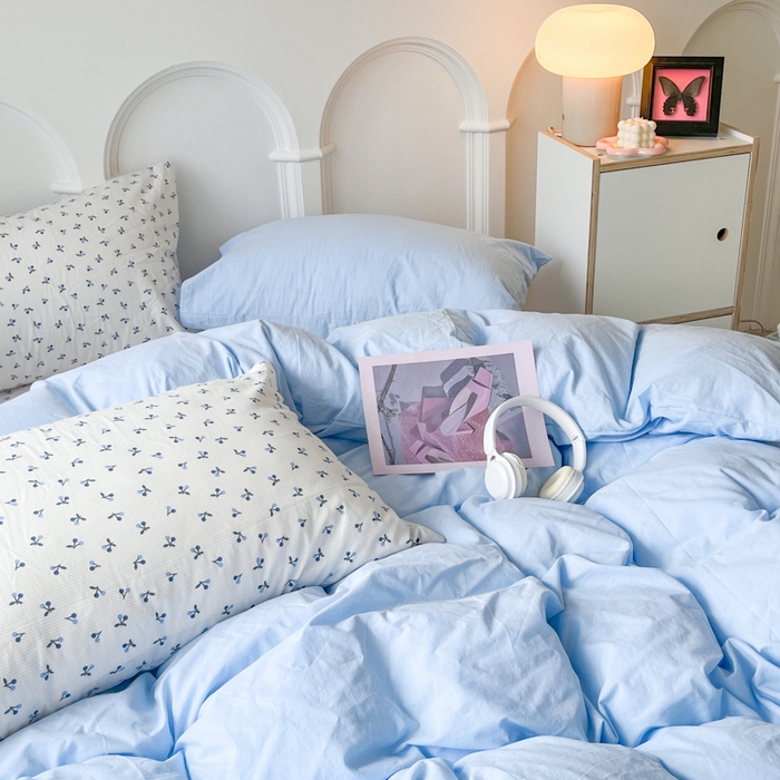 91家纺网 家纺一手货源 找家纺 千朵 2024新款全棉水洗棉混搭双拼四件套 瑾蓝