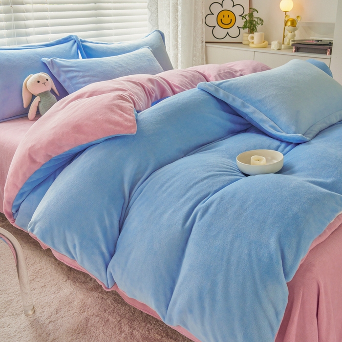 91家纺网 家纺一手货源 找家纺 慕晨 2024新款加厚牛奶绒纯色单被套珊瑚绒被套单件双面绒四件套 奶油蓝+奶油粉