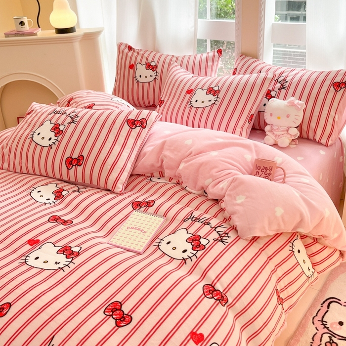 91家纺网 家纺一手货源 找家纺 2024新款三丽鸥牛奶绒小版四件套 牛奶绒小版-高贵KT猫