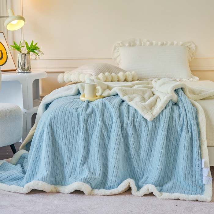 91家纺网 家纺一手货源 找家纺 畅畅家纺 2024新款A面编织绒B面兔毛绒纯色毛毯 天空蓝