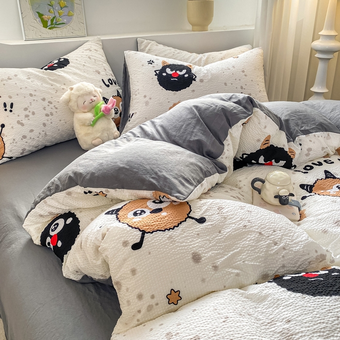 91家纺网 家纺一手货源 找家纺 悦织湾家纺 2025新款轻奢北欧风小清新印花水洗棉四件套 煤球宝宝