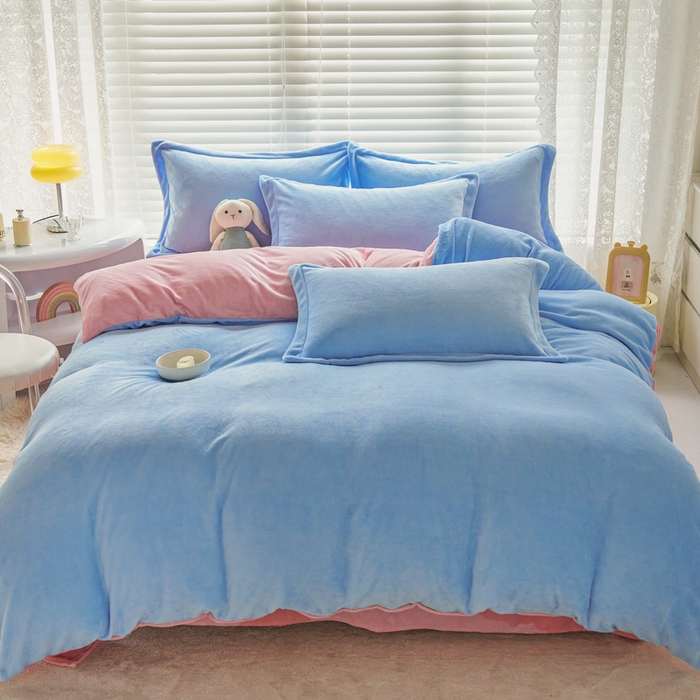 91家纺网 家纺一手货源 找家纺 慕晨 2024新款加厚牛奶绒纯色单被套珊瑚绒被套单件双面绒四件套 奶油蓝+奶油粉