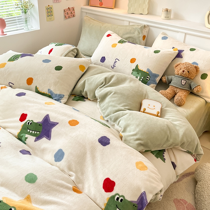 91家纺网 家纺一手货源 找家纺 2024新款200g加厚防静电牛奶绒小清新四件套 绒-鳄鱼宝宝