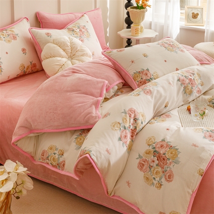 红粉佳人 2025新款棉加绒印花四件套 花期而遇