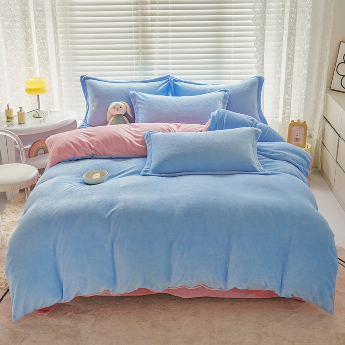 91家纺网 家纺一手货源 找家纺 慕晨 2024新款加厚牛奶绒纯色单被套珊瑚绒被套单件双面绒四件套 奶油蓝+奶油粉