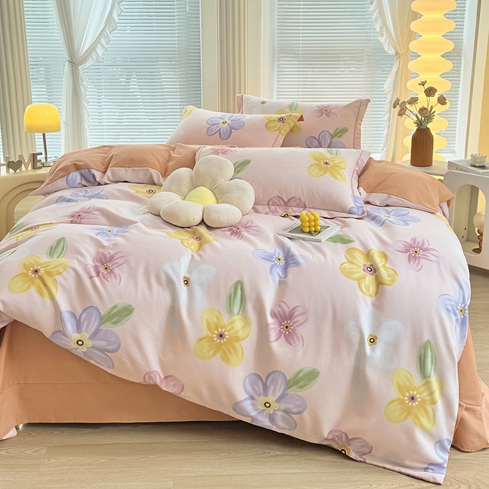 91家纺网 家纺一手货源 找家纺 优尚家纺 2025新款全棉磨毛纯棉喷气印花清新轻奢款四件套 清新款-花语甜心-粉