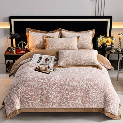 馨梦缘 2025新款宽边5D雕花绒牛奶绒四件套 西雅图-咖