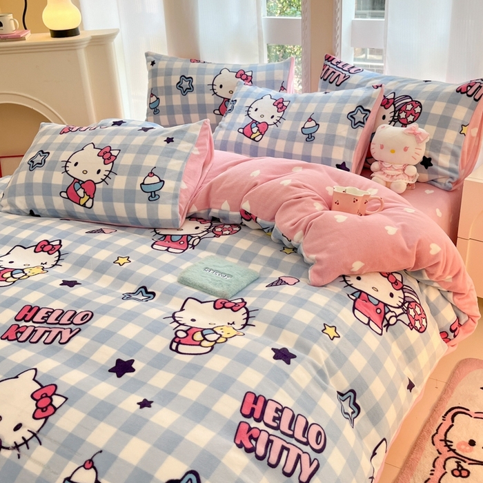 91家纺网 家纺一手货源 找家纺 2024新款三丽鸥牛奶绒小版四件套 牛奶绒小版-幸运星KT猫