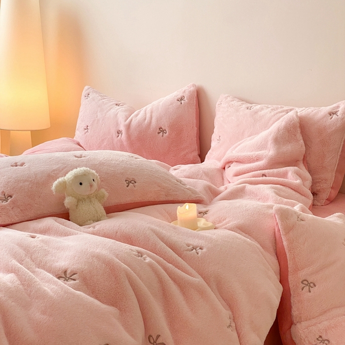 91家纺网 家纺一手货源 找家纺 蜜柚 2024新款牛奶绒兔毛绒高克重小清新满版绣花四件套 蝴蝶结